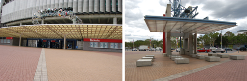 Indgangspartiet er markeret med ledelinie og der er siddepladser og andre praktiske faciliteter under lyspylonerne på pladsen