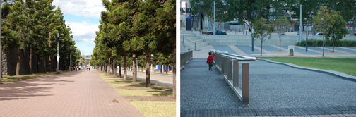 Hovedvejen i området, Olympic Boulevard er udført så den udligner terrænfaldet i området med en svag hældning. En rampe fører med til parken the Overflow