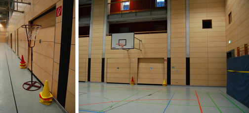 Udstyr opbevares i depotrum som ligger ved den ene langside i hallen 