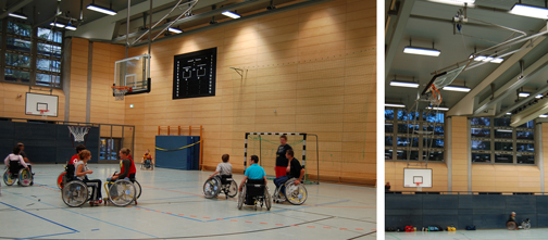 Et hold spiller kørestolsbasket - Basketkurvene der hænger ned fra loftet kan køres op elektronisk, når de ikke er i brug 
